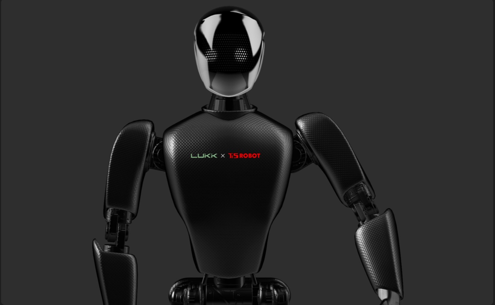Ti5 humanoid robot with LUKK x Ti5 Robot branding