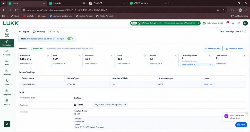WhatsApp campaign dashboard